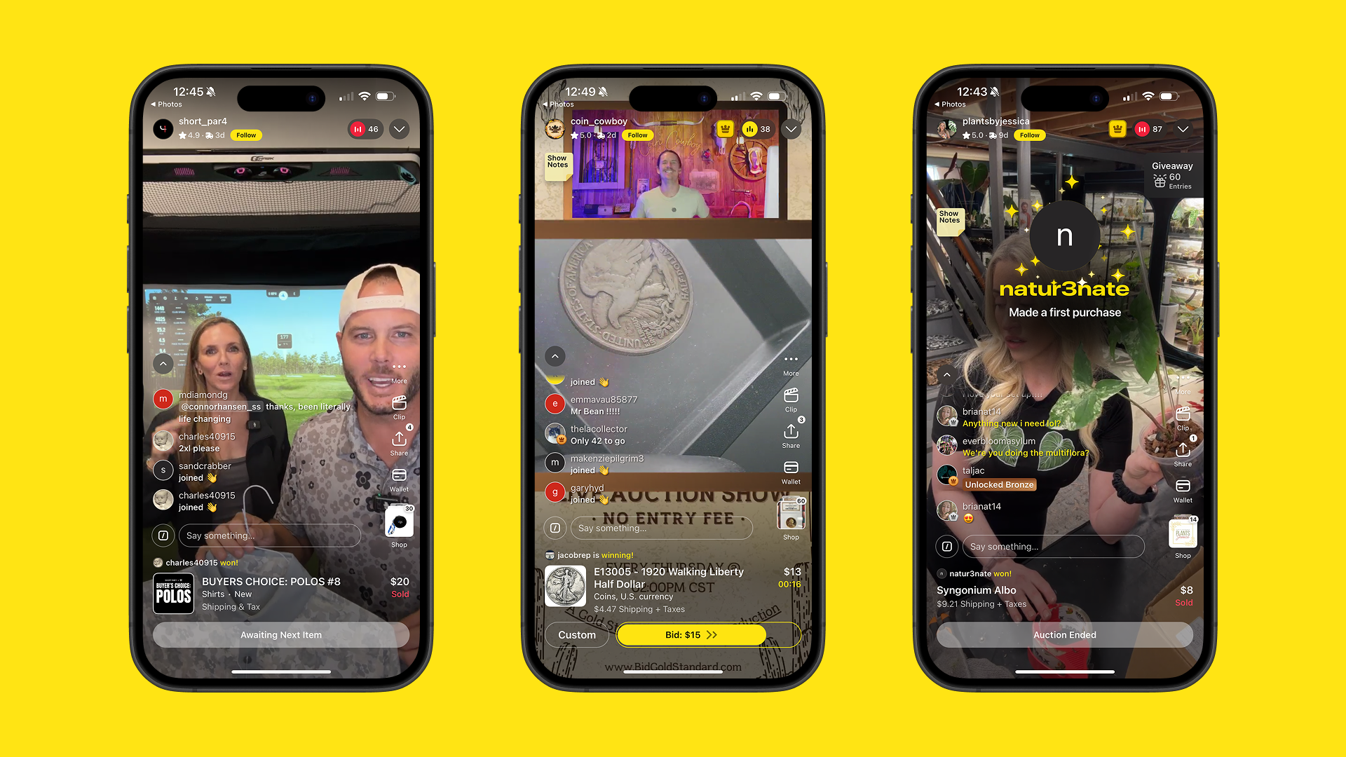 Drei Whatnot Live-Shows: Chat und Community, Live-Auktion mit Gebot, Giveaway mit Belohnungen